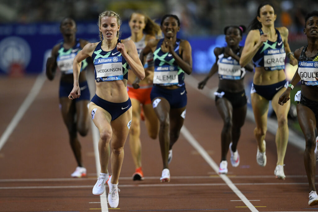Keely Hodgkinson racing in the women's 800 metres at the 2021 Brussels Diamond League